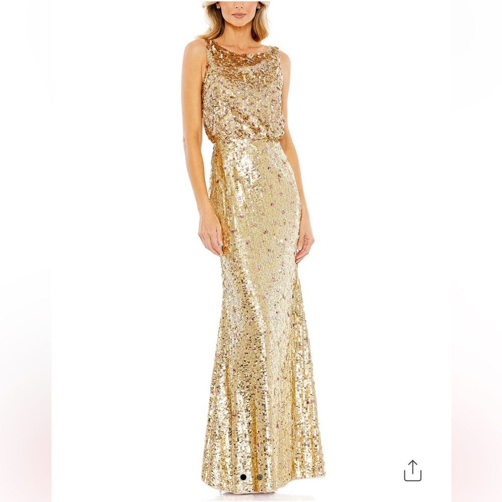 Mac Duggal Gold Sequin Sleeveless High Neck Gown